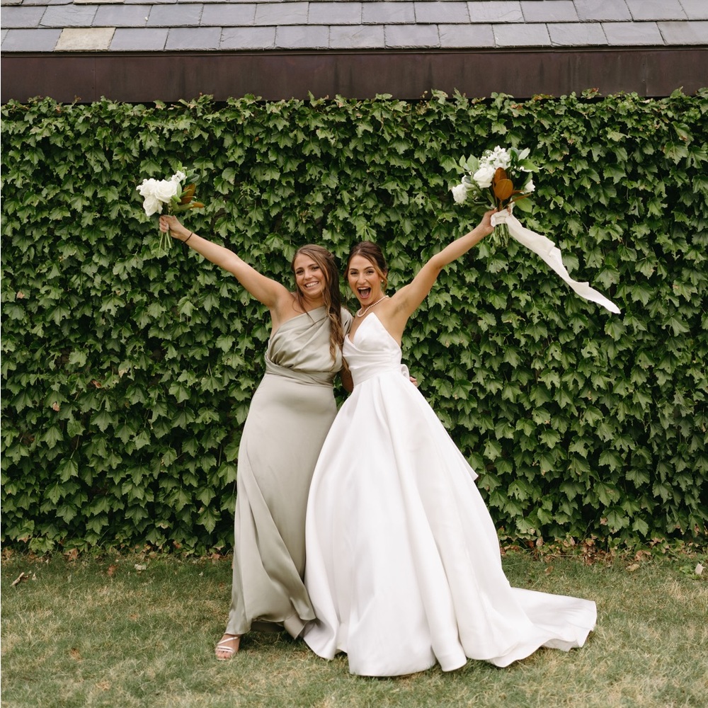 Revelry devan convertible satin dress in silver sage